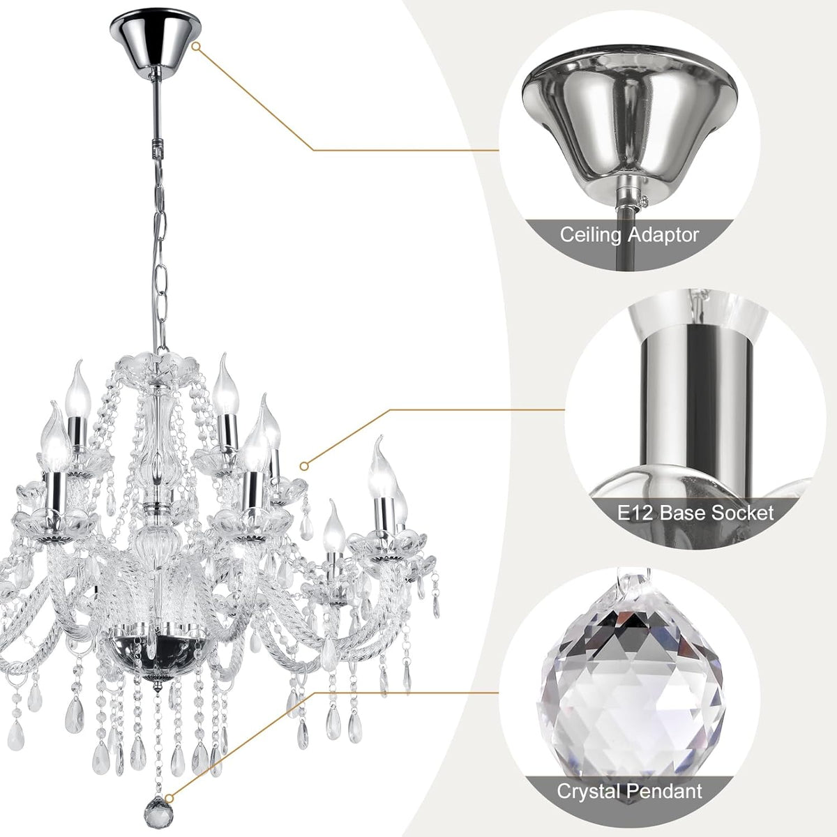Modern Elegant 10 Lights K9 Crystal Glass Chandelier Silver Pendant Ceiling Lighting European Style for Dining Living Room Bedroom Transparent, 10 E12 Bulbs Required
