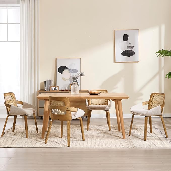 DUOMAY Modern Linen Dining Chairs Set of 4, Cane Back Room Chairs with Solid Wood Legs Kitchen Chairs for Living Room, Restaurant, Beige