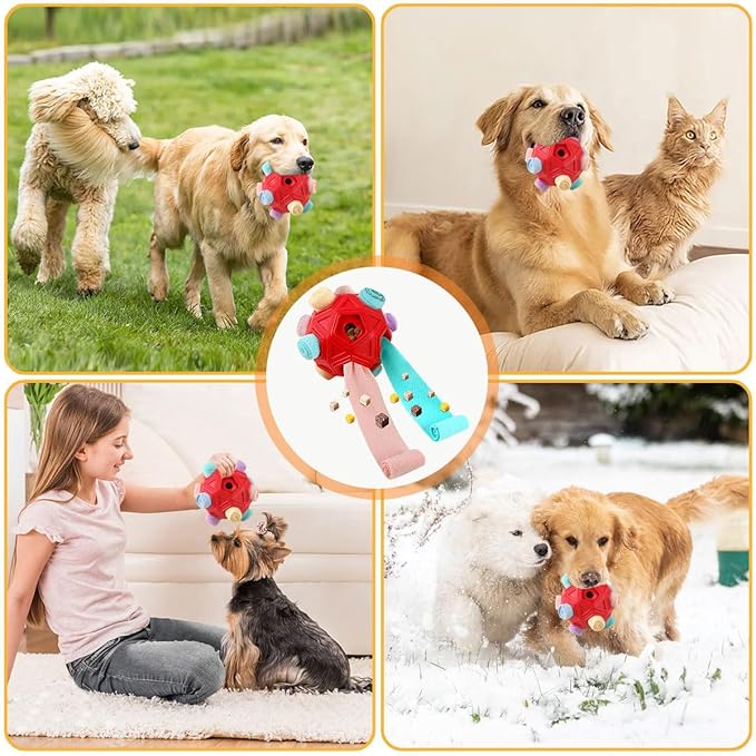 Dog Snuffle Ball-Interactive Puzzle Dog Toys Encourage Natural Foraging Skills Slow Feeder for Training and Stress Relief, Cloth Strip Hiding Food Chew Toys for Any Size Dogs (Red Macaron)