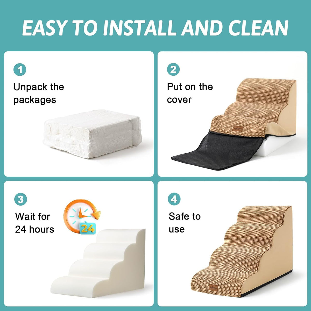 Dog Stairs for Small Dogs 19.7" H, Curved Dog Step for Puppy, Older or Cat, Medium Pet Ramp for Sofa, Couch or Bed, Ladder with High Density Foam, 15.7x28.3x19.7 inch, 4 Step, Light Brown