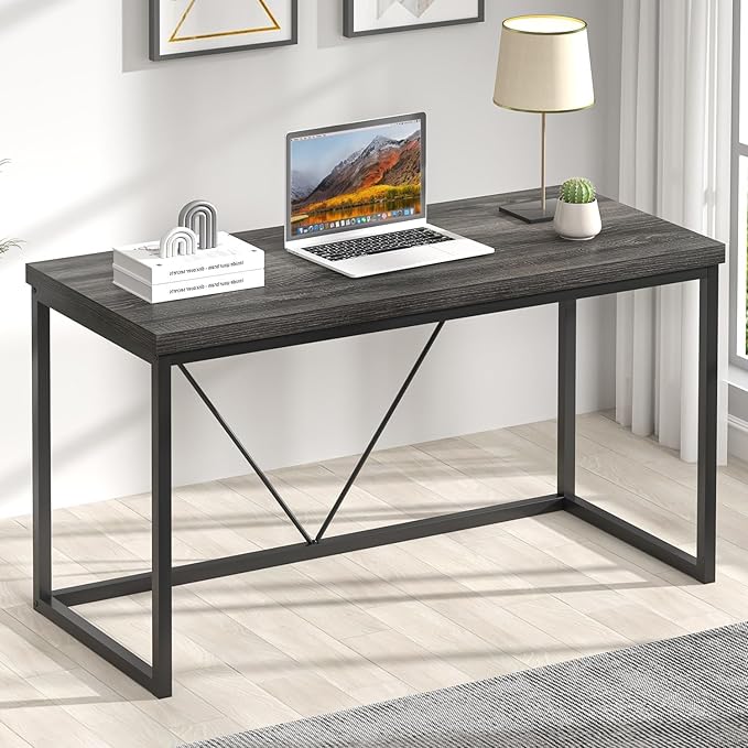 FOLUBAN Home Office Desk, Industrial Vintage Computer Desk, Rustic Wood and Metal Study Writing Table, Simple Work Gaming PC Desks for Bedroom Living Room, Dark Gray 53 Inch