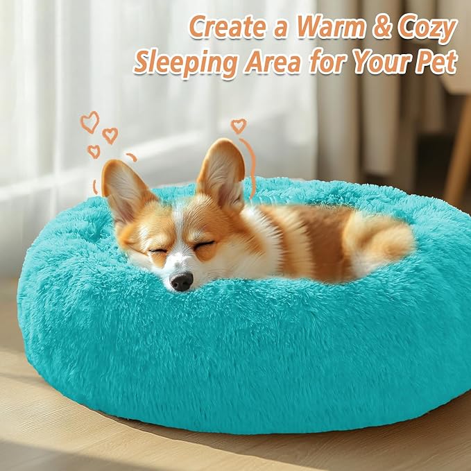 JOLLYVOGUE Calming Dog Bed for Small Dogs - 23 inches Donut Washable Small Dog Bed for Kittens & Puppies, Anti-Slip Round Fluffy Plush Faux Fur Cat Beds (Fits up to 25 lbs Pets, Aqua Blue)