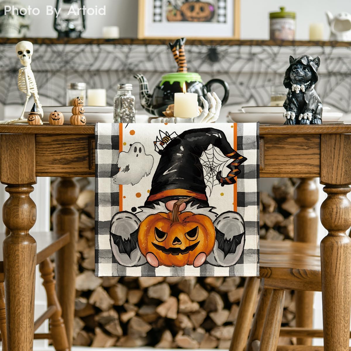 Artoid Mode Buffalo Plaid Gnome Bat Pumpkin Ghost Halloween Table Runner, Sensonal Kitchen Dining Table Decor for Home Party 13x90 Inch