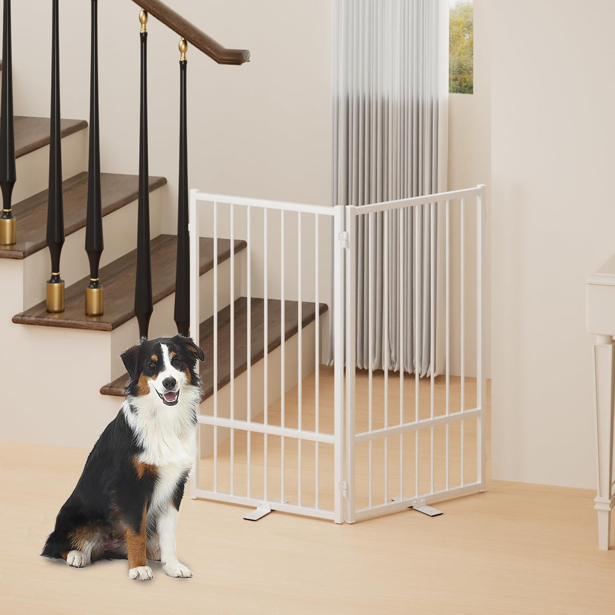Full Metal Freestanding Dog Gate with Door, 36''Height Foldable Pet Dog Fence for Indoor & Outdoor, 2 Panels Extra Wide Free Standing TallDog Gates for Doorways,House,Stairs,Porch,Deck,Yard