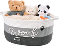 Woof Dog Toy Basket with Handles, Large Dog Toy Storage Bin with Paw Print, Woven Dog Basket for Blankets, Toys, Chews, Pet Toy Box for Nursery, Living Room, Bedroom, 17”x12”x9, Grey