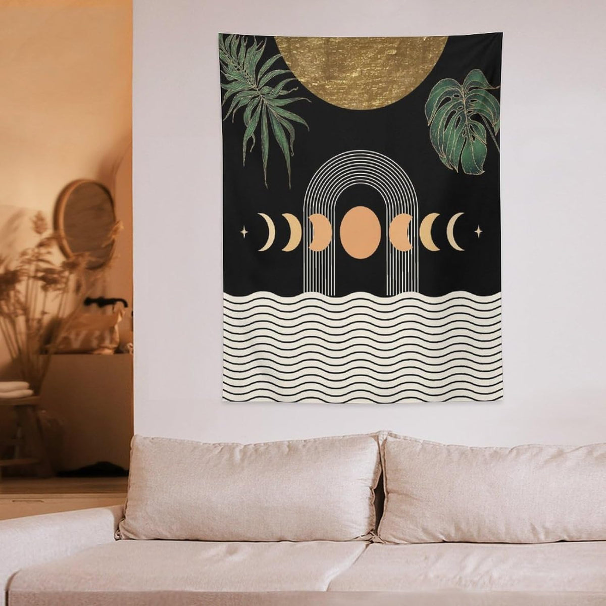 Abstract Boho Tapestry, Mid Century Tropical Tree Leaves Modern Geometric Arch Bohemian Botanical Tapestry, Home Aesthetic Wall Hanging Art Decor for Living Room Bedroom Dormitory 50x60 Inch