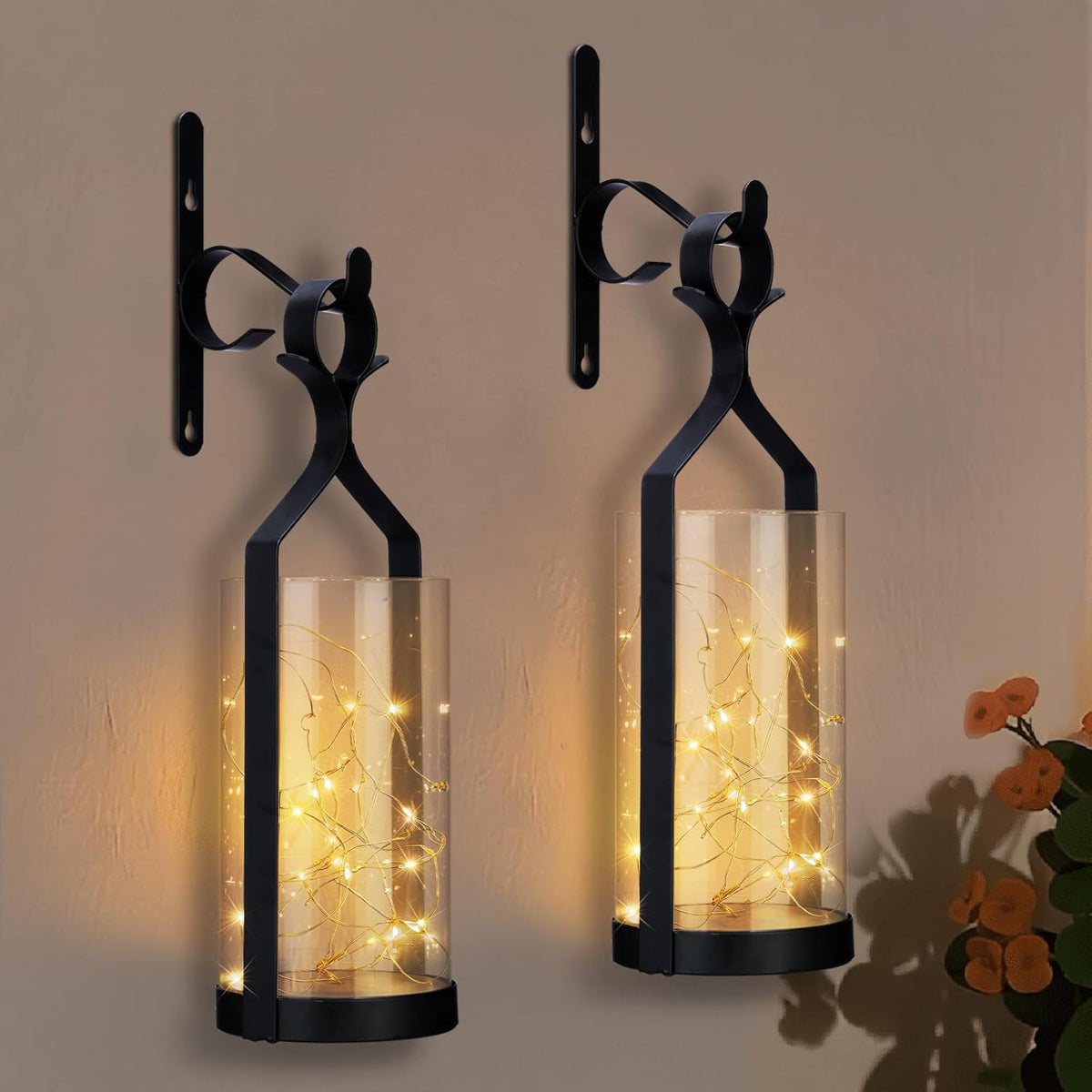 Metal Wall Sconce 35 Led Lantern Set of 2 - Black Wall Mounted Hanging Holder with Glass & Candles Vintage Wall Decor for Porch, Living Room, Dining Room, Bedroom Indoor Decor