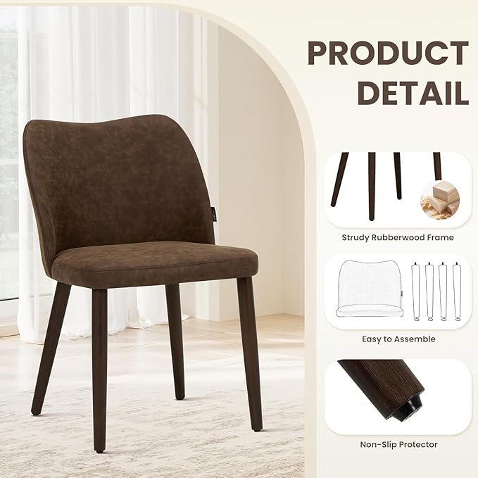 Wooden Dining Chairs Set of 4, Upholstered Kitchen Dining Room Chair, Modern Fabric Farmhouse Dinner Chair for Restaurant & Cafe, Dark Brown
