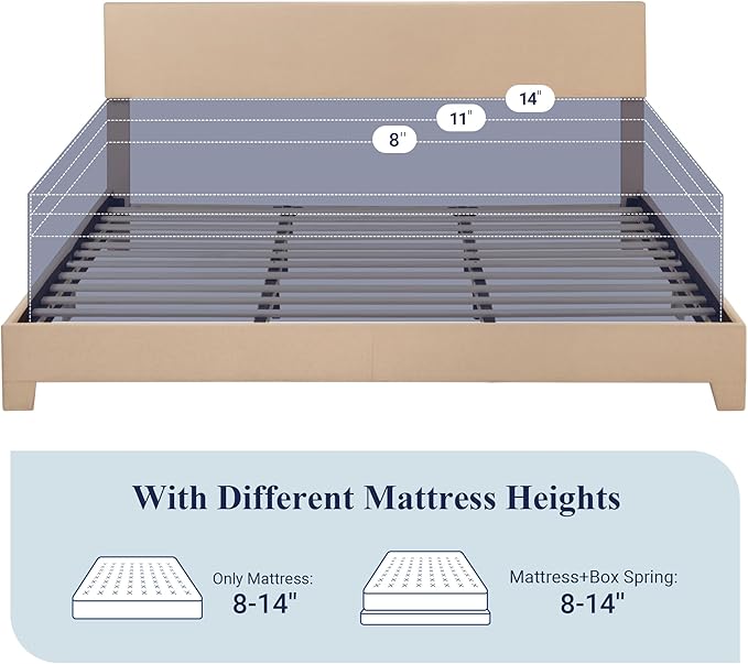 Allewie King Size Bed Frame with Adjustable Headboard, Upholstered Platform Bed with Wood Slats, Heavy Duty Mattress Foundation, No Box Spring Needed, Noise-Free, Easy Assembly, Beige