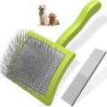 2PCS Slicker Brush for Dogs & Pet Comb,Professional Dog Grooming Brush (Goldendoodles,Poodles,Labradoodles) with Extra Long Pins to Effectively Remove Tangles, Knots and Mats (Green, Large)