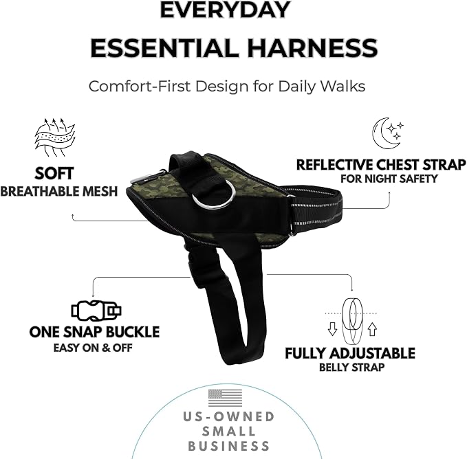 ShawnCo Essential Dog Harness, No-Pull Pet Vest (Military Camo,XS) | 3 Leash Clips, Easy On, No-Choke, Reflective, Adjustable Fit, Padded Comfort, Control Handle, For Small, Medium & Large Dogs
