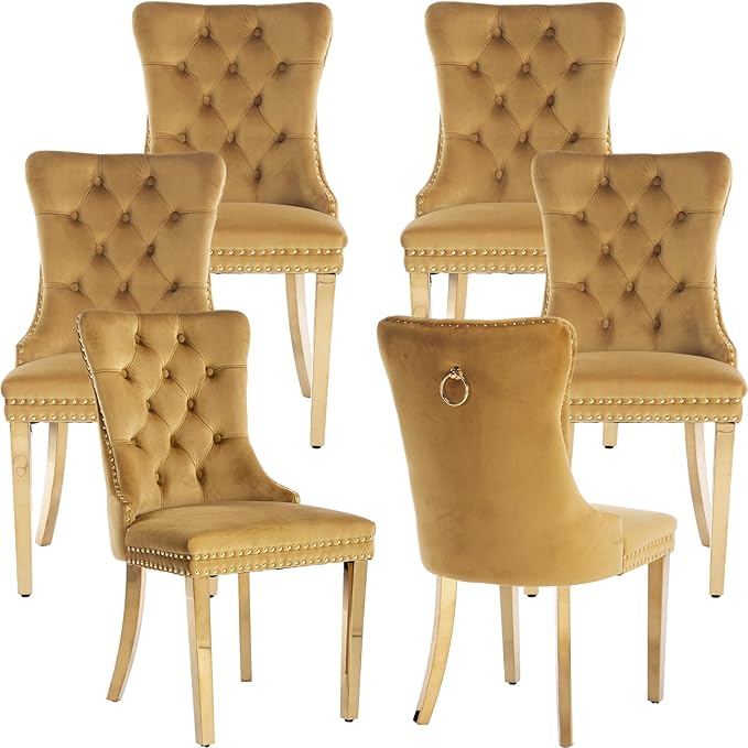 Luxury Upholstered Dining Chairs Set of 6, Yellow Kitchen Chair with Golden Metal Legs, Velvet Tufted Back Dining Chair, Sillas de Comedor, Modern Kitchen & Dining Room Chairs (Gold, 6 Pcs)