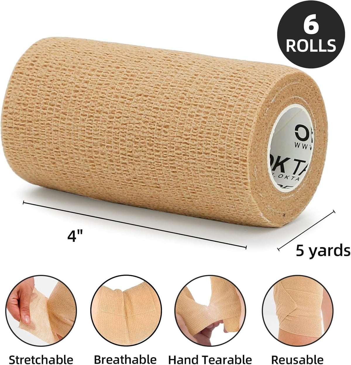 OK TAPE Self Adherent Cohesive Bandages Wrap - 6Packs, 4" x 5 Yards, Non-Woven Self Adhesive Bandage Wrap for Thumb, Finger, Wrist, Ankle, Vet Wrap Bandages Tape (Beige)