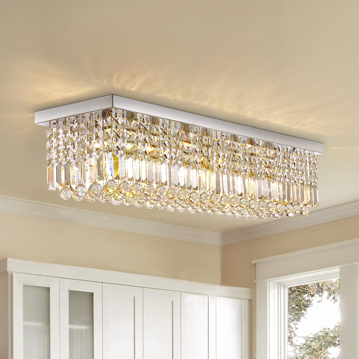 Siljoy Modern Crystal Chandelier 6-Lights Rectangular Flush Mount Pendant Ceiling Light Fixture Rectangle K9 Crystal Raindrop Chandelier for Dining Living Room Kitchen Island L31.5'' x W10'' x H10'