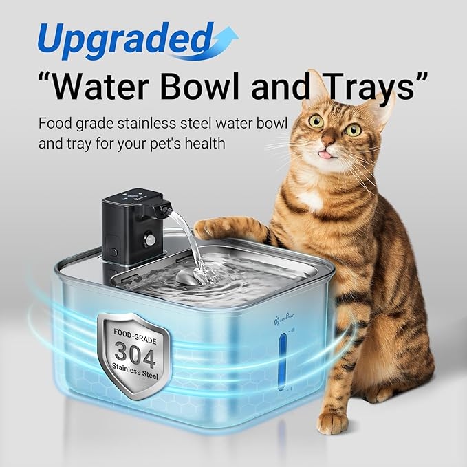 DownyPaws Cat Water Fountain Stainless Steel Wireless, 101 oz/3L FurSink Cordless Cat Water Dispenser for Pets, Battery Operated Dog Drinking Fountain with Motion Sensor, Easy Clean, Metal