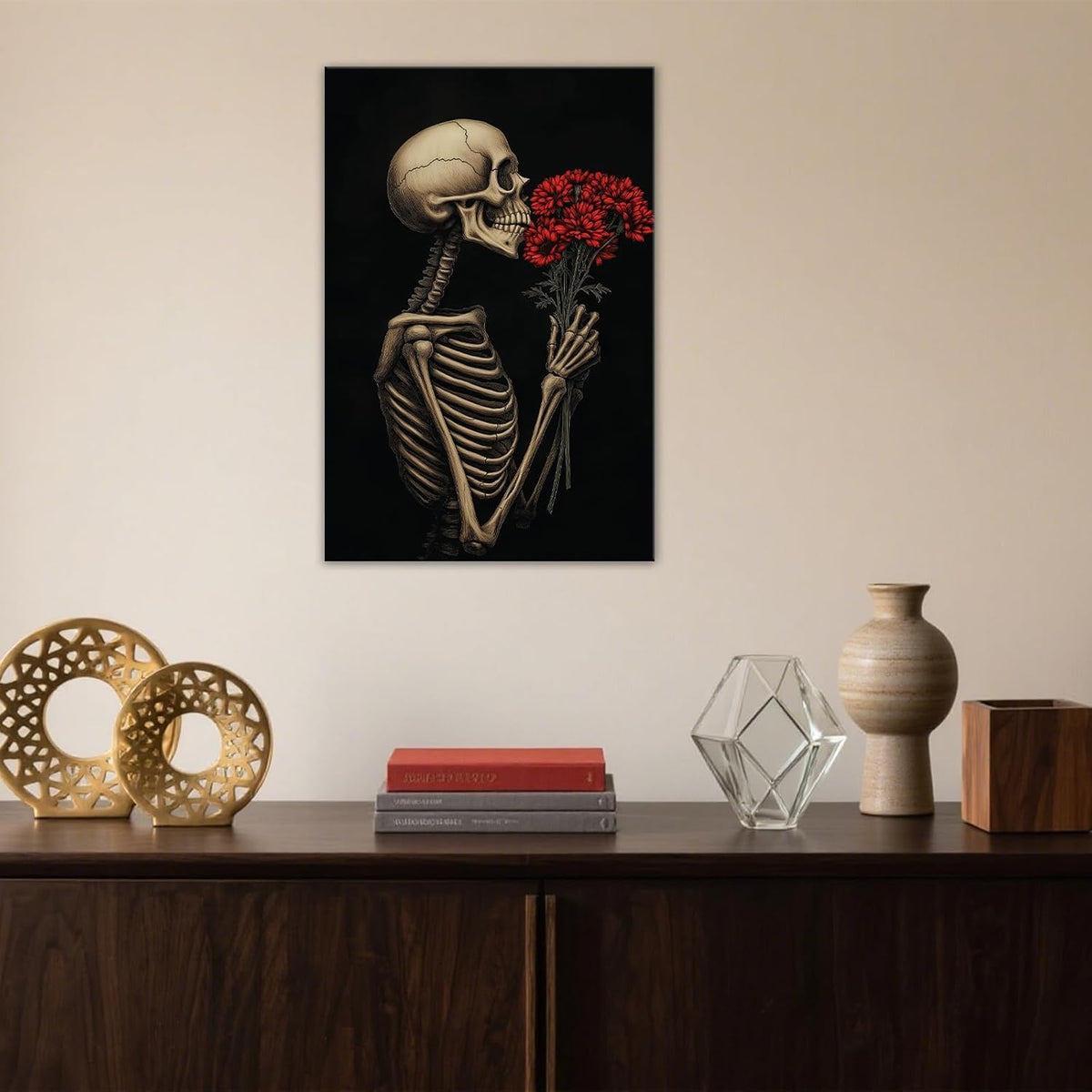 OAAPITI Red Rose Skull Wall Art Dark Themed Skeleton Painting Modern Artwork for Gothic Home Decor(Artwork-5,28"x42")