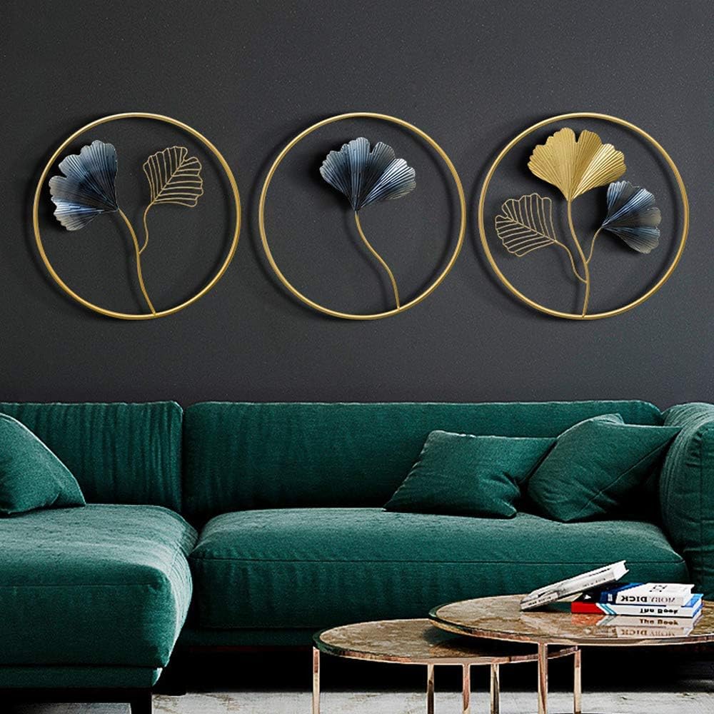MKUN Iron Wall Sculptures - Set of 3 Metal Round Wall Decor with Gingko Biloba Art Great for Home Hotel Decoration(Gold&Gray)