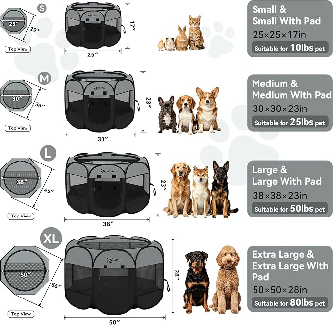 Siedihit Dog Cat Playpen with Washable Pee Pad, Puppy Pet Playpen | Indoor for Small Dog Crate Tent Cage Outdoor, Portable Pop Up Dogs Enclosure Kennel with Carrying Case,Dark Grey