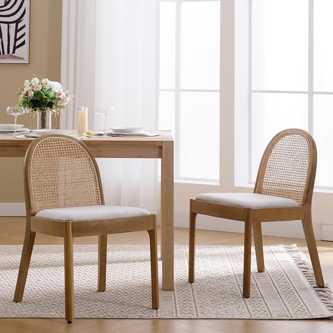 Mid Century Dining Chairs Set of 2, Accent Rattan Linen Fabric Side Chairs Kitchen Chair with Solid Wooden Legs for Living Room Dining Room, Beige