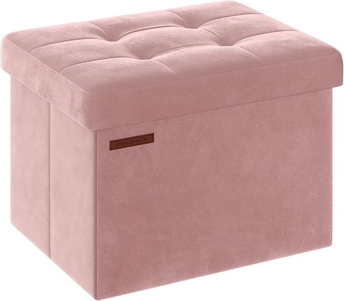 SONGMICS Storage Ottoman, Foldable Small Ottoman Foot Rest, 12.2 x 16.1 Inches Foot Stool, Load up to 286 lb, for Living Room, Bedroom, Dorm, Jelly Pink ULSF200R01
