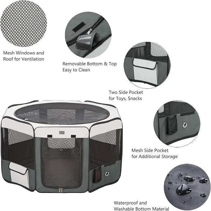 Dog Playpen Portable Pet Play Pens for Small Dog/Cat/Rabbit/Chicks, Cat Playpen Indoor/Outdoor with Carring Case, Removable Zipper Top and Bottom (Gray, Medium (36"x36"x20"), 8)