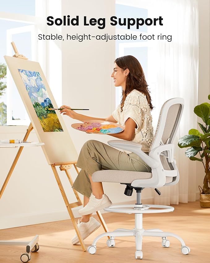 ErGear Drafting Chair,Tall Office Chair with Flip-Up Armrests, High Desk Chair Adjustable Height and Adjustable Footrest Ring, Ergonomic Standing Desk Chair with Lumbar Support, Khaki