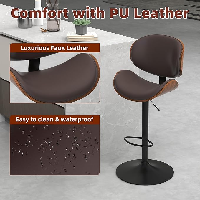 civama Bar Stools Set of 3 for Kitchen Counter, Adjustable Bar Height Chairs, Modern Swivel Barstools with Bentwood Seat and Back with Footrest for Kitchen Island, Dining Room, Brown PU Leather