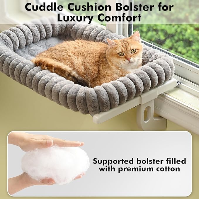 Cloud-Cuddle Cat Window Perch with 4-Sided Bolster, Zipper Design Cushion Window Seat for Window Sill, Sturdy Metal Frame & Easy Assembly Pet Hammock Bed for Indoor Cats (Gray, Medium)