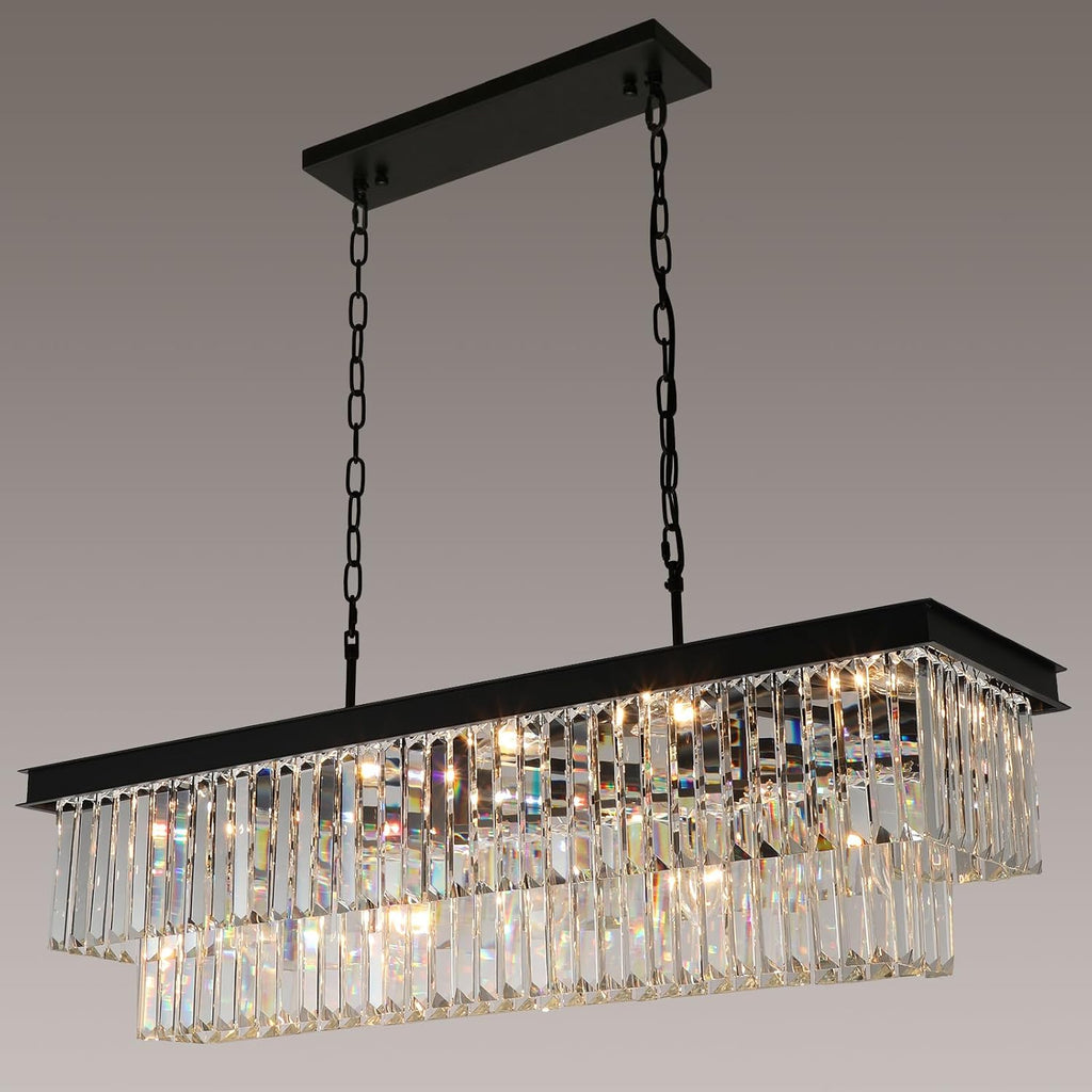 Crystal Chandeliers for Dining Room Light Fixtures Over Table，15-Lights Black Modern Rectangle Chandeliers for Kitchen Island Bar L40 Inch