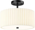 Semi Flush Mount Ceiling Light, 3-Light 12.5" Matte Black Ceiling Light Fixture with White Pleated Fabric Shade, Drum Lamp for Nursery Hallway Bedroom Kitchen, AD-25036-3SF-BK