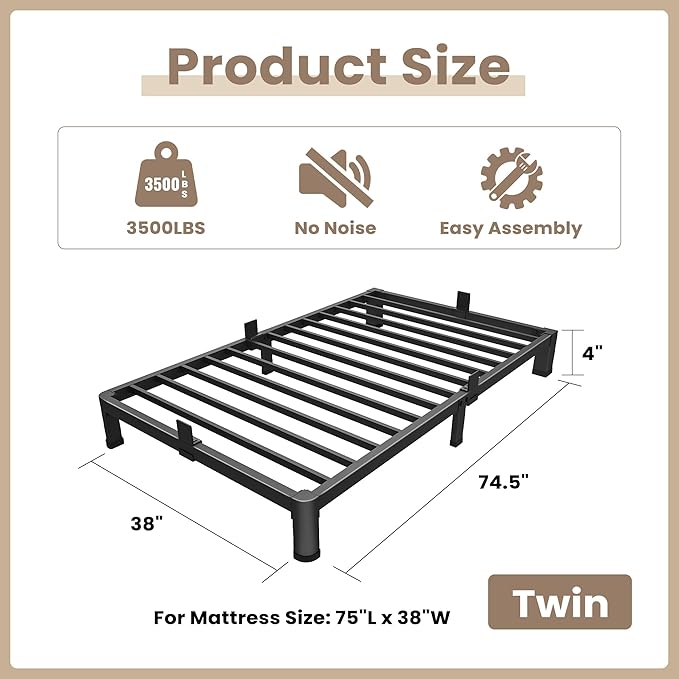 ROIL 4 inch Twin Bed Frames with Round Corner Legs Mattress Retainers 3500LBS Heavy Duty Steel Slats No Box Spring Needed Platform Noise-Free Easy Assembly