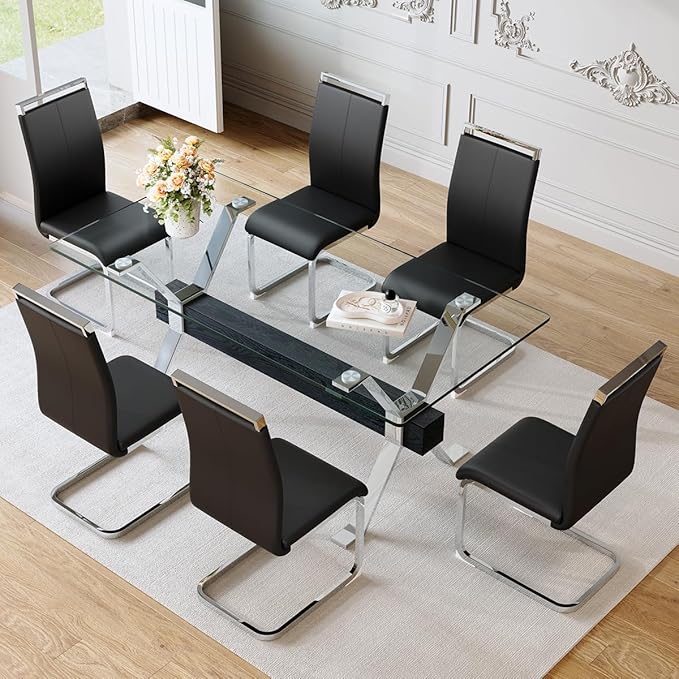 Glass Dining Table 71"｜Modern Dining Table for 6-8｜0.4" Thick Tempered Glass Top｜Chrome Silver Metal Legs｜Black Crossbar｜Easy Assembly｜Perfect for Dining Room or Kitchen