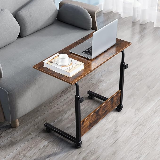 Goujxcy Sofa Side Table C Shaped End Table with Wheels, Rolling Bedside Laptop Table Snack Table TV Tray, Height Adjustable, Wooden Top & Metal Frame