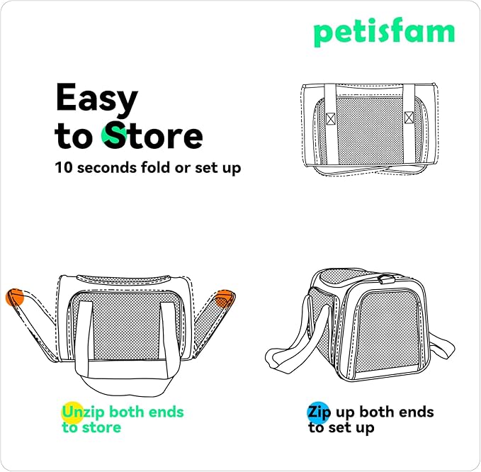 Quick-in Pet Carrier Bag for Cats & Dogs. Airy Mesh Windows Let Fur-Kids See You Reduce Anxiety & Breath Easy. Rip-Stop Fabric & Lockable Zips Hug Securely. Washable Comfy Pad. Collapsible