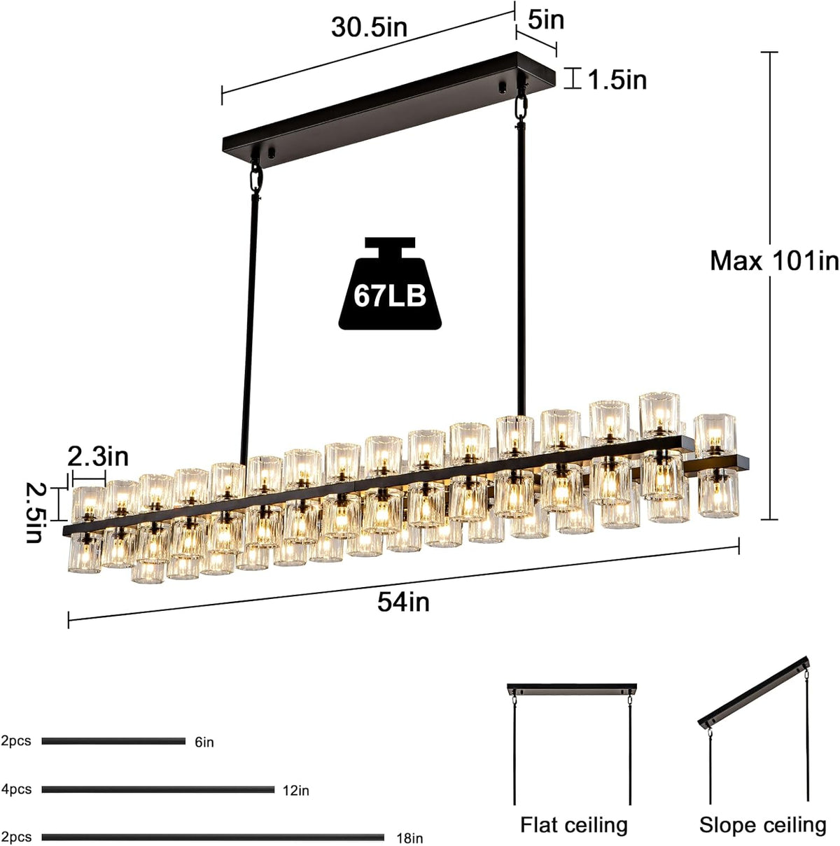 Crystal Black Rectangular Chandelier Light Fixture,54 in Dining Room Chandeliers Over Table,Modern Chandeliers For Living Room,Arcachon Chandelier,Kitchen Island Chandeliers Includes 60xG4 Bulbs