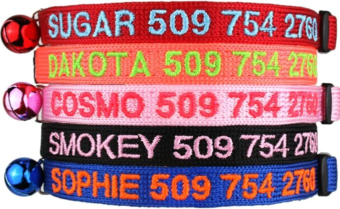 GoTags Personalized Cat Collars with Breakaway Safety Release Buckle, Custom Embroidered Cat Collar with Pet Name and Phone Number, Adjustable Nylon ID Collar with Bell for Cat or Kitten (Pack of 1)