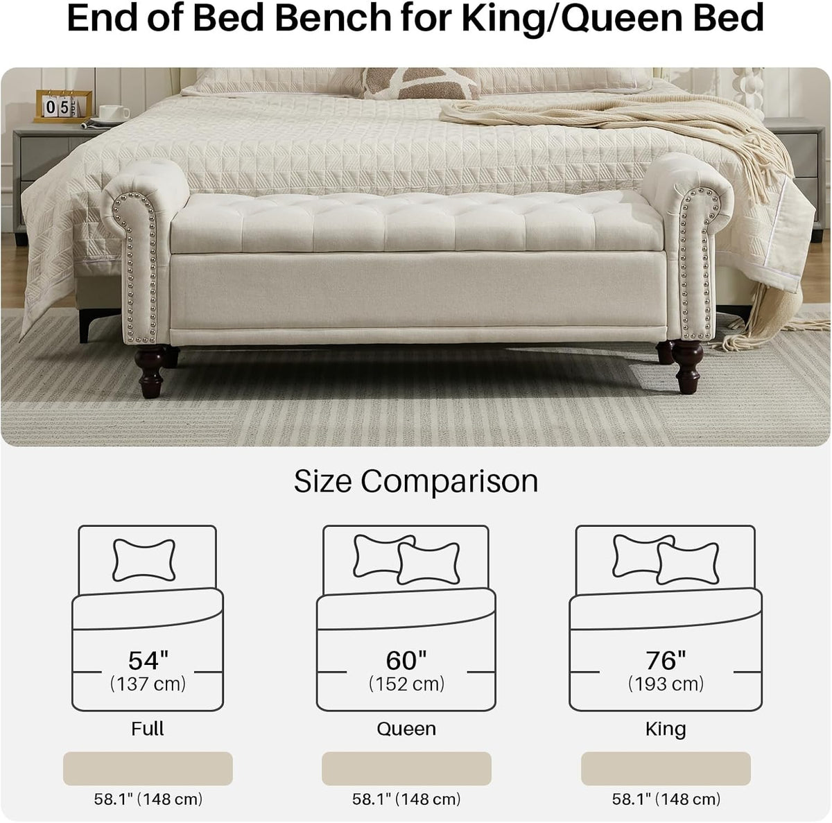 58.1'' Storage Bench Upholstered Linen End of Bedroom Bed Bench Ottoman with Tufted Cushioned Rolled Arm Large Storage Space for Reading Living Room Entryway, Beige