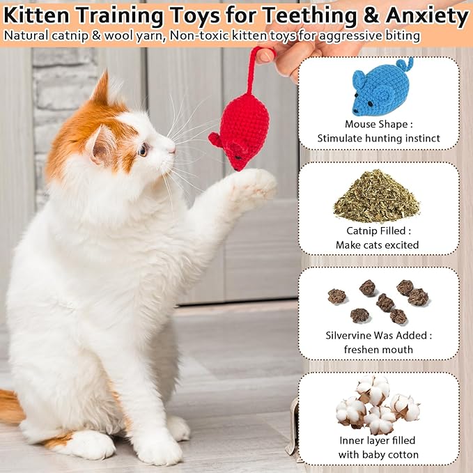 Retro Shaw Catnip Toys Crochet Mice Cat Toys,3 Pcs Yarn Cat Nip Mouse Animals Toy,Safe Teeth Cleaning Toy for Indoor Kittens