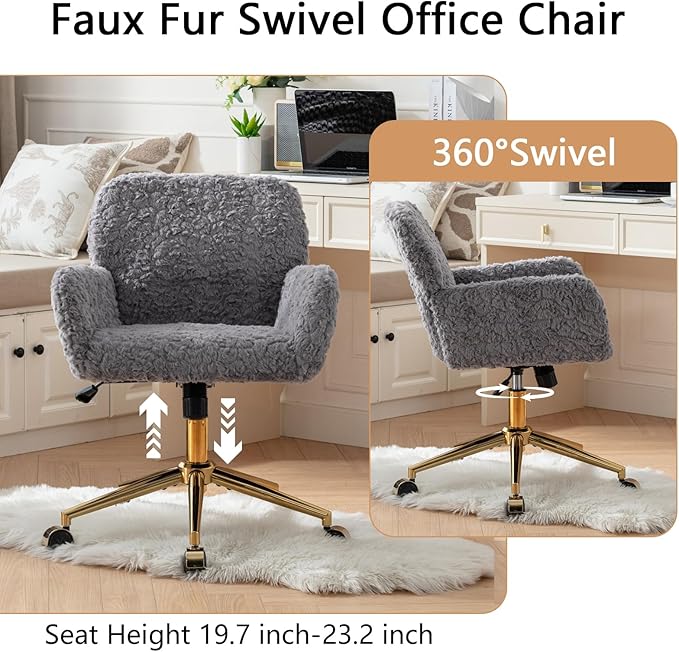 Goujxcy Faux Fur Home Office Chair, Upholstered Elegant Makeup Vanity Chair for Teen Girls Teddy Fabric Swivel Desk Chair, Height Adjustable Leisure Elegant Chair for Home Office (Gray)