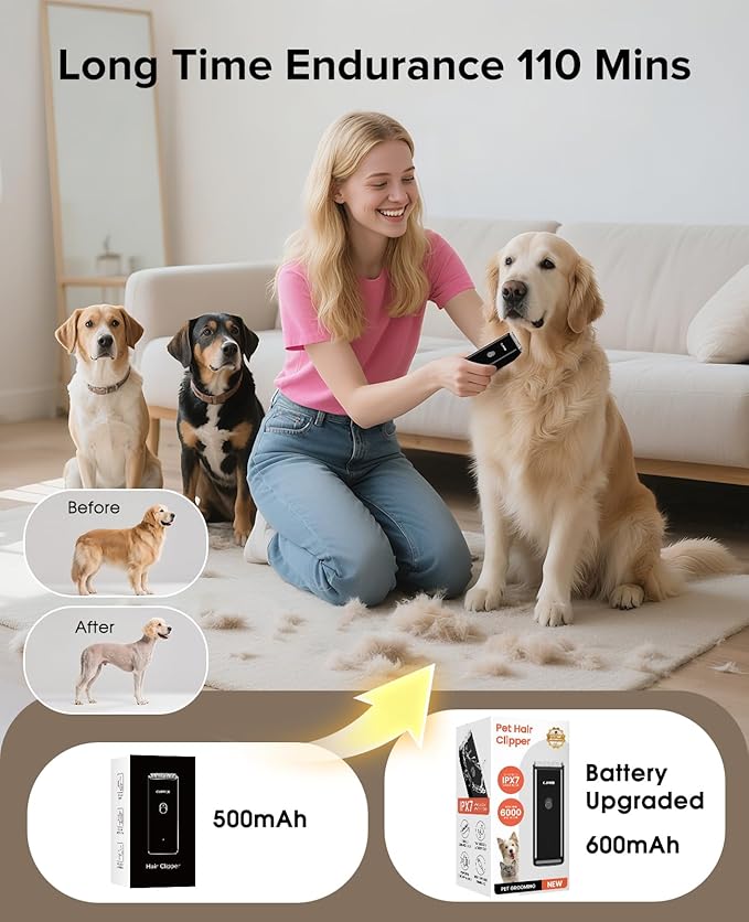 Pet Clippers for Dog Hair Grooming Low Noise, Rechargeable Cordless Cat Shaver with Ceramic Blade,Portable Pet Hair Trimmer for Matted & Long Hair