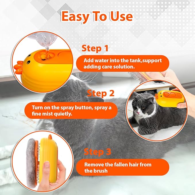 Cat Steam Brush with Release Button, 3 in 1 Rechargeable Pet Spray Water Comb for Long & Short Hair Removal, Self Cleaning Slicker Vapor Brush for Indoor Cats Dogs Rabbits Shedding Grooming