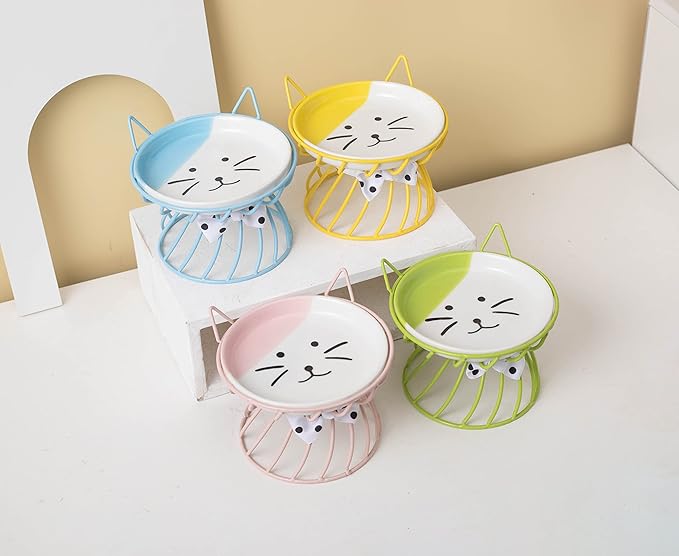 Raised Cat Food Bowl - Elevated Feeder Stand with Shallow Ceramic Dish, Whisker-Friendly No-Spill Water Bowl