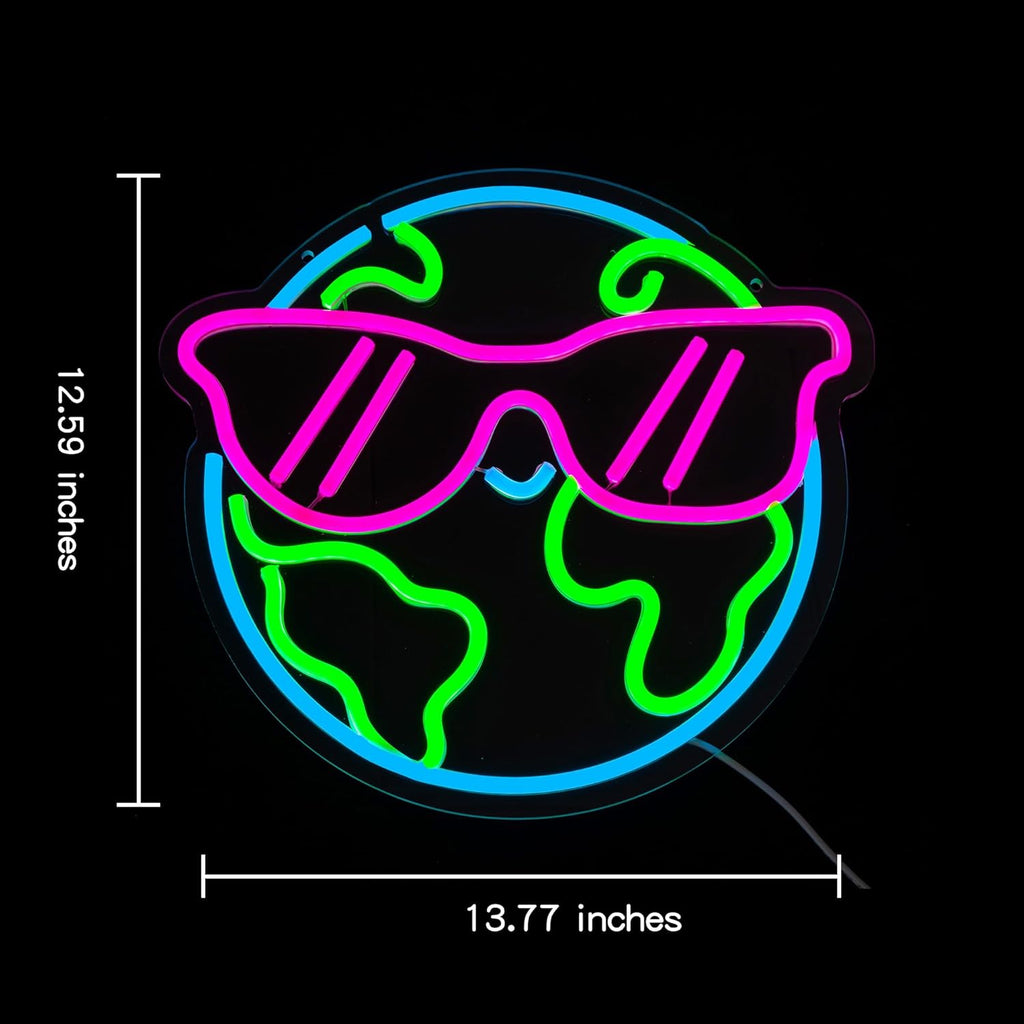 Earth Neon Sign Sunglasses Neon Light for Wall Decor Planet Neon Light Colorful LED Neon sign USB Powered LED Light Up Sign for Bedroom Kids Room Classroom Decoration
