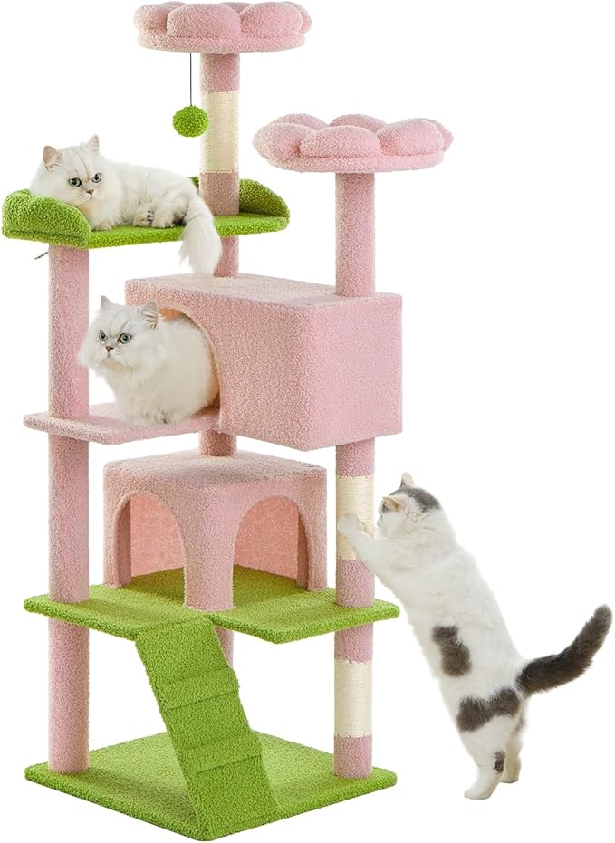 Made4Pets Cat Tree Tower 56" Cat Tower for Indoor Cats Kitten Tree Multi-Level Cat Tree with 2 Condo Furniture Activity Center with Scratching Posts Funny Toys (Pink Flower Green)