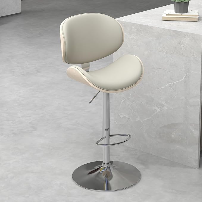 civama Bar Stools 1 PC for Kitchen Counter, Adjustable Bar Height Chairs, Modern Swivel Barstools with Bentwood Seat and Back with Footrest for Kitchen Island, Dining Room, Grey PU Leather