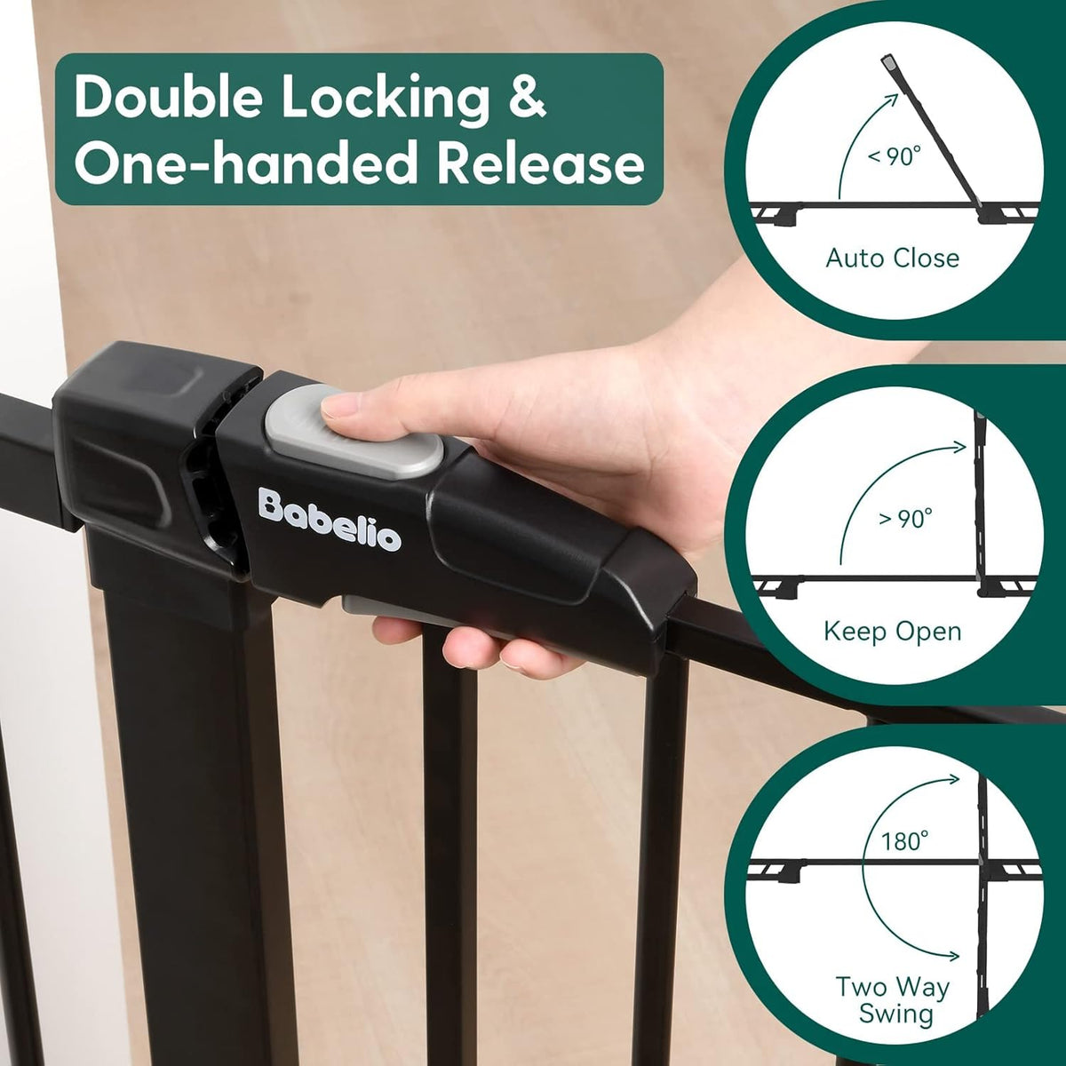 Babelio Metal Baby Gate, 29-48" Auto Close Easy Install Pet Gate, Extra Wide Walk Thru Child Safety Gate, Pressure Mounted Dog Gate for Doorways and Stairs, with Y Spindle Rods, Black