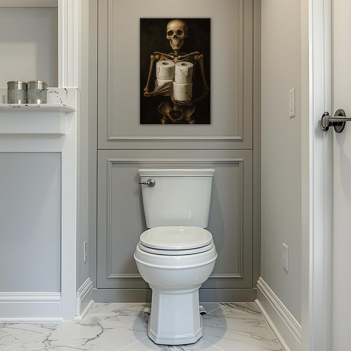 Gothic Skull Wall Art Funny Skeleton with Toilet Paper Canvas Print Vintage Skull Painting Framed Artwork for Living Room Home Halloween Wall Decor(Artwork-8,24"x36")