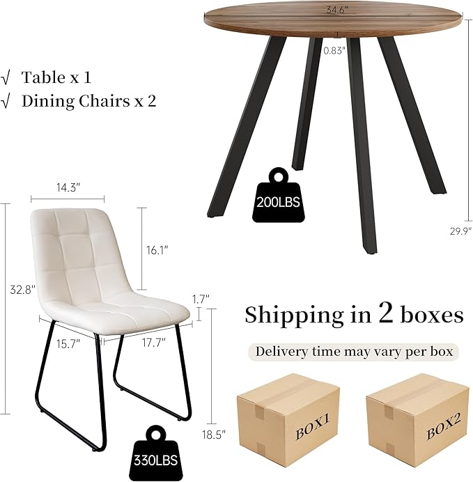 34.6'' Dining Table and Chairs for 2, Mid Century Modern Round Table Set, Space Saving for Apartment Kitchen Dining Room (Walnut Table+2 U-Shaped White Chairs)