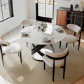 POVISON 51" Modern Dining Table, Glossy White Round Dining Table for 6, Sintered Stone Dining Tabletop with Black X Carbon Steel Base (Table Only)