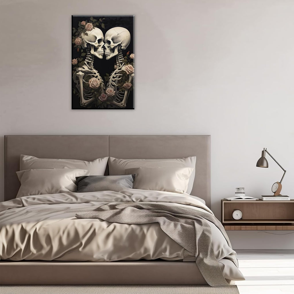 OAAPITI Vintage Skeleton Canvas Wall Art Gothic Painting Artwork Retro Rose Skull Art Poster Abstract Romantic Theme Picture Halloween Living Room Decor(Artwork-4,16"x24")